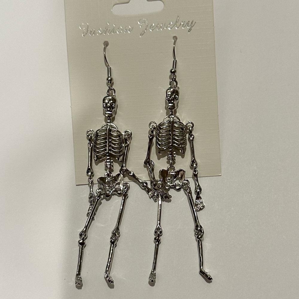 NWT Silver Skeleton Halloween Dangling Hanging Hook Earrings 4 inches Goth